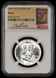 1959 P T2 Reverse Franklin Half Dollar Bill Fivaz Signature Label NGC  MS 63