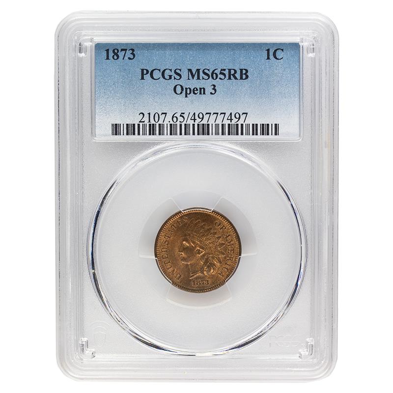 1873 Indian Head Cent, Open 3, 1C PCGS MS 65 RB