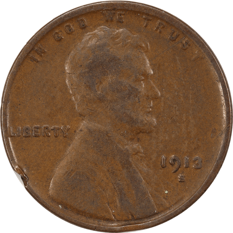 1913-S Lincoln Wheat Cent 1c, Circulated Fine - Damage
