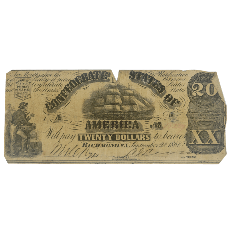 1861 $20 Confederate States of America, Civil War Note, Richmond, VA, T-18, S/N 18289 Circulated Very Fine