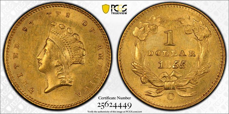1855-O Indian Head TYPE 2 CAC PCGS MS 62 CAC
