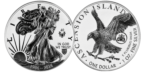 1986-2026 $1 1oz. Ascension Island Tribute American Silver Eagle, Dual-Dated, Reverse Proof in OGP 