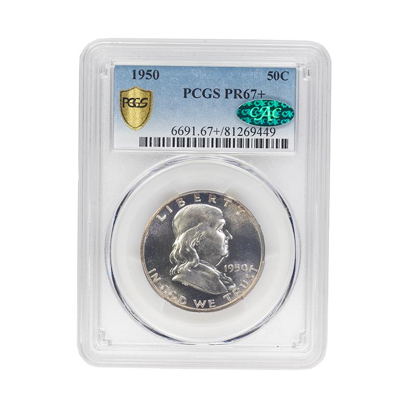 1950 Franklin Half Dollar, 50C PCGS PR 67 + CAC Certified