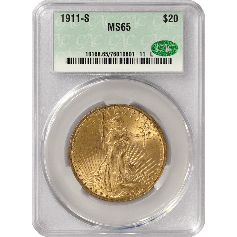1911-S Saint St. Gaudens $20 Gold Double Eagle, CACG MS-65 - Lustrous, PQ+