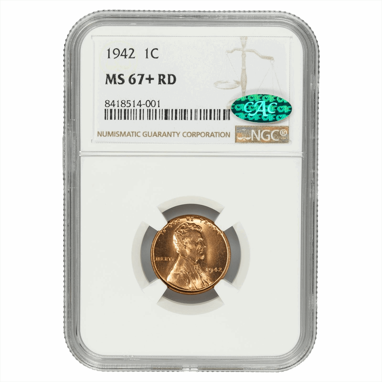 1942 Lincoln Wheat Cent 1C NGC MS 67+ RD CAC