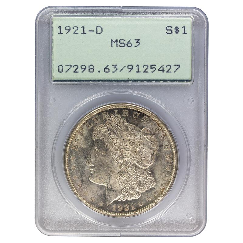 1921-D Morgan Dollar, $1 PCGS MS 63 Green Rattler