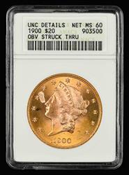 1900 $20 Gold Mint Error Obverse Struck Thru ANACS UNC Details