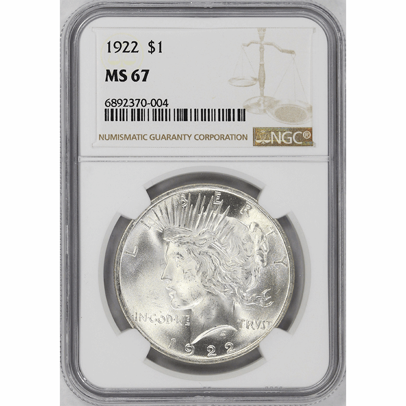 1922 $1 Peace Silver Dollar - NGC MS67 - Blast White - PQ++