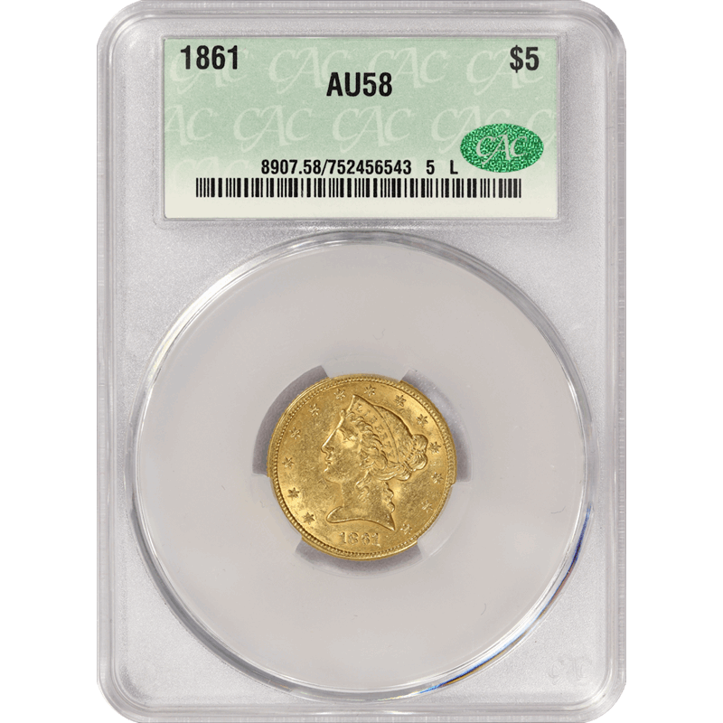 1861 Liberty Head $5 Gold Half Eagle, CACG AU-58 CAC - Lustrous 
