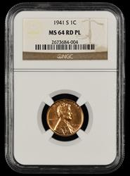 1941 S Lincoln Cent NGC MS64RD PL MS64