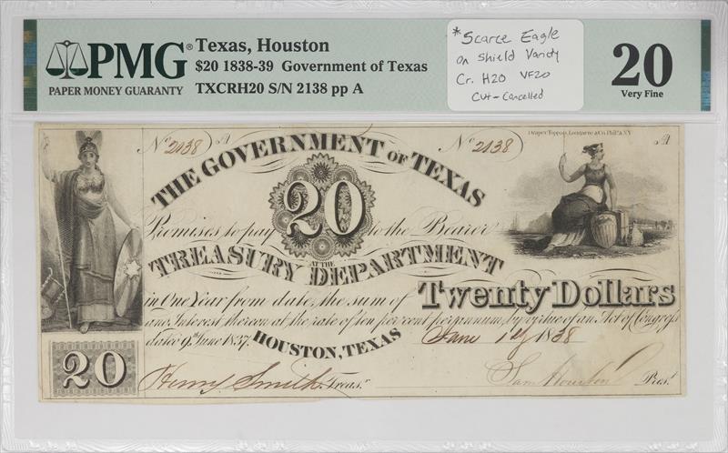 Texas, Houston 1838-39 $20 Government of Texas Note PMG VF20 Eagle on Shield TXCRH20 SN# 2138
