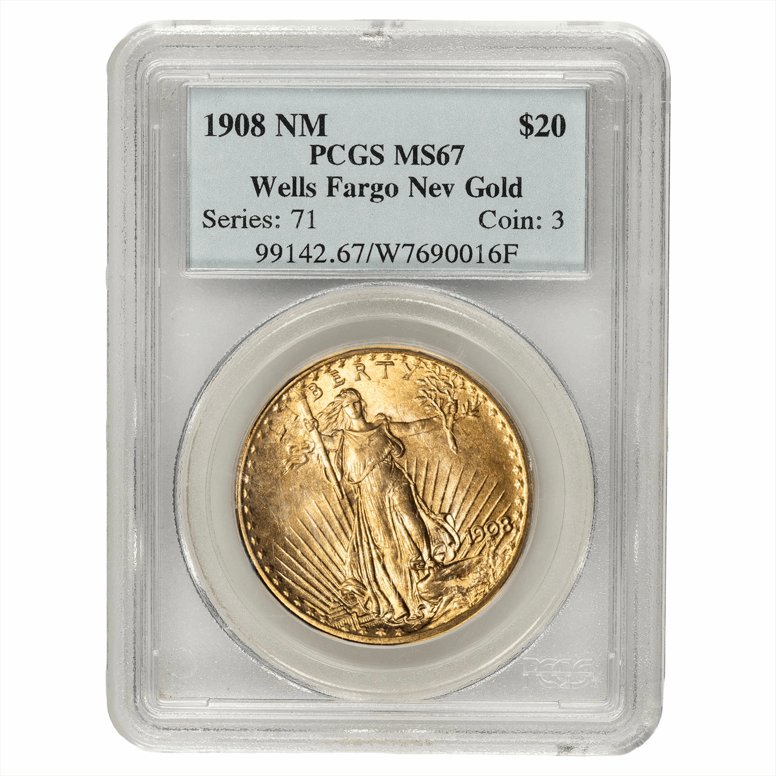 1908 No Motto Saint-Gaudens Double Eagle Wells Fargo $20 PCGS  MS 67 