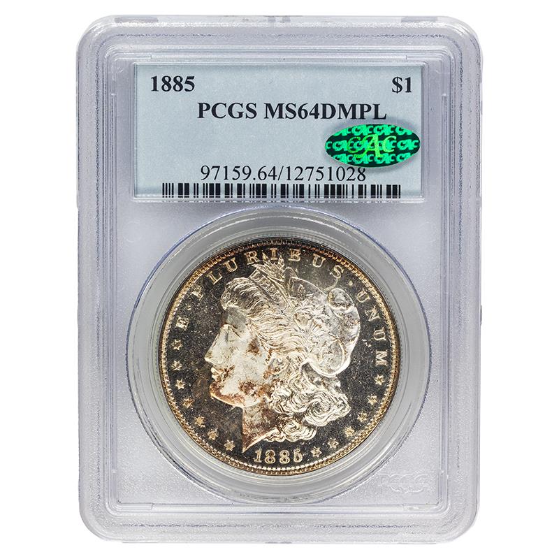 1885 Morgan Silver Dollar, $1 PCGS MS64 DMPL, CAC Certified