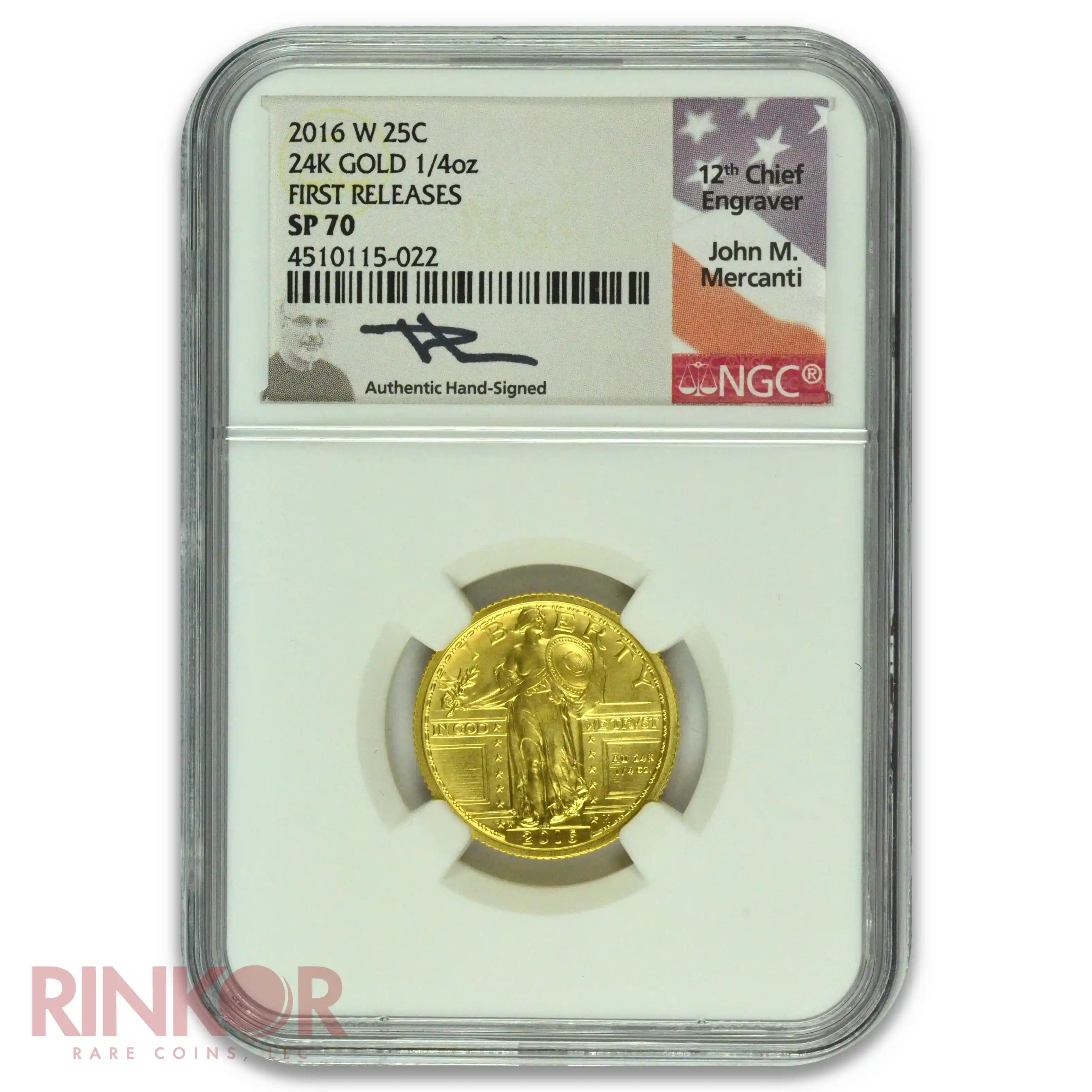 2016-W Gold 1/4oz Standing Liberty Quarter 100th Anniversary First Releases Mercanti Sig NGC SP 70
