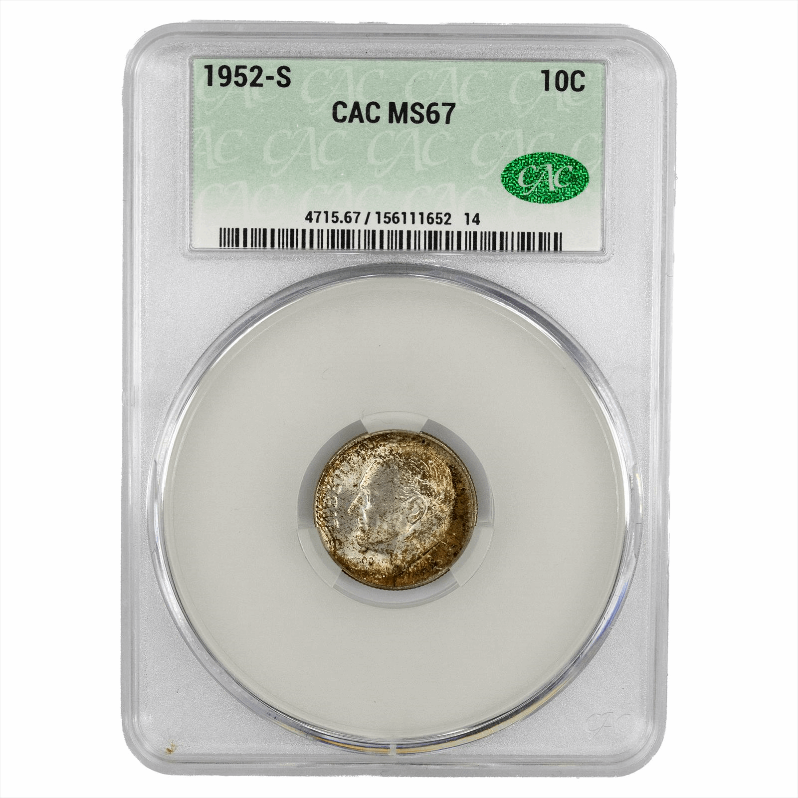 1952-S Roosevelt Dime 10C CACG  MS 67 CAC
