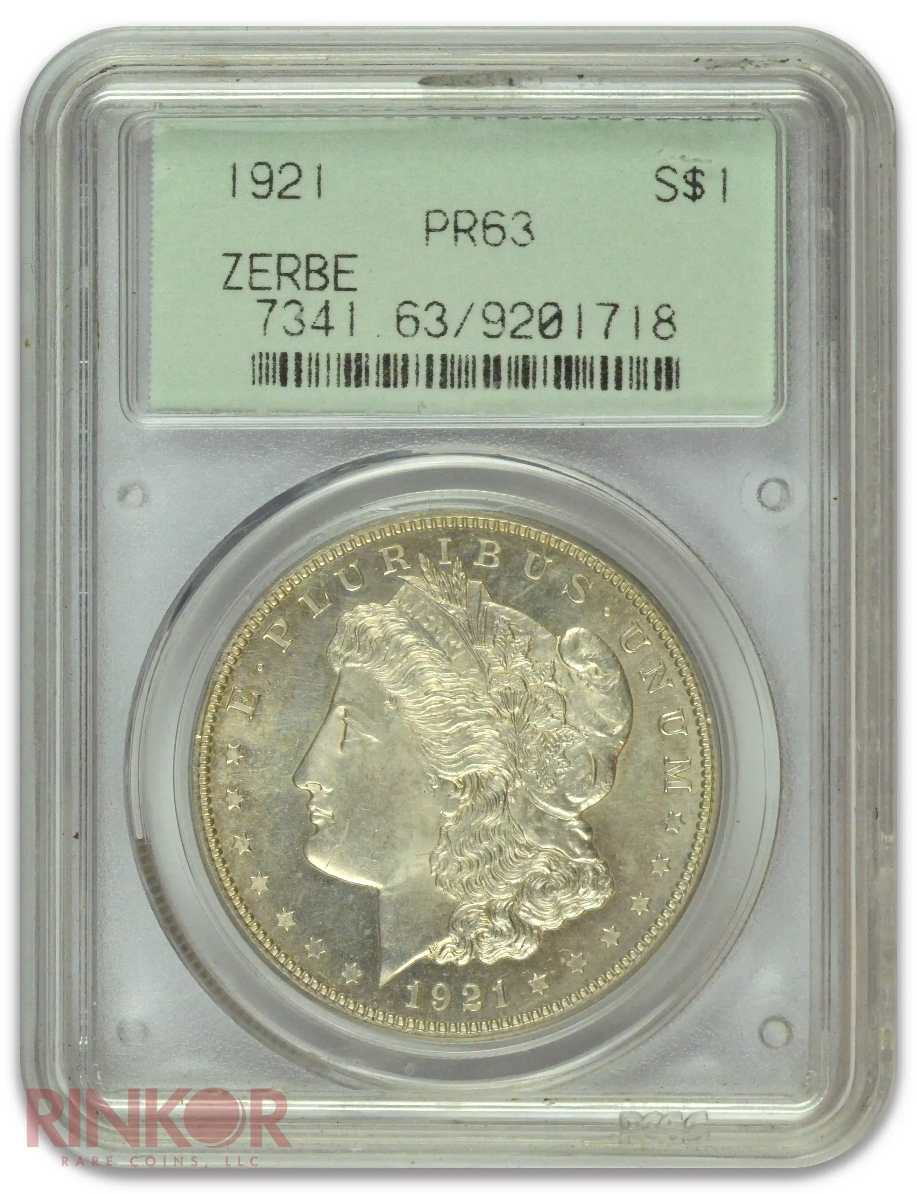 1921 $1 Zerbe Special Strike Morgan Dollar PCGS PR 63