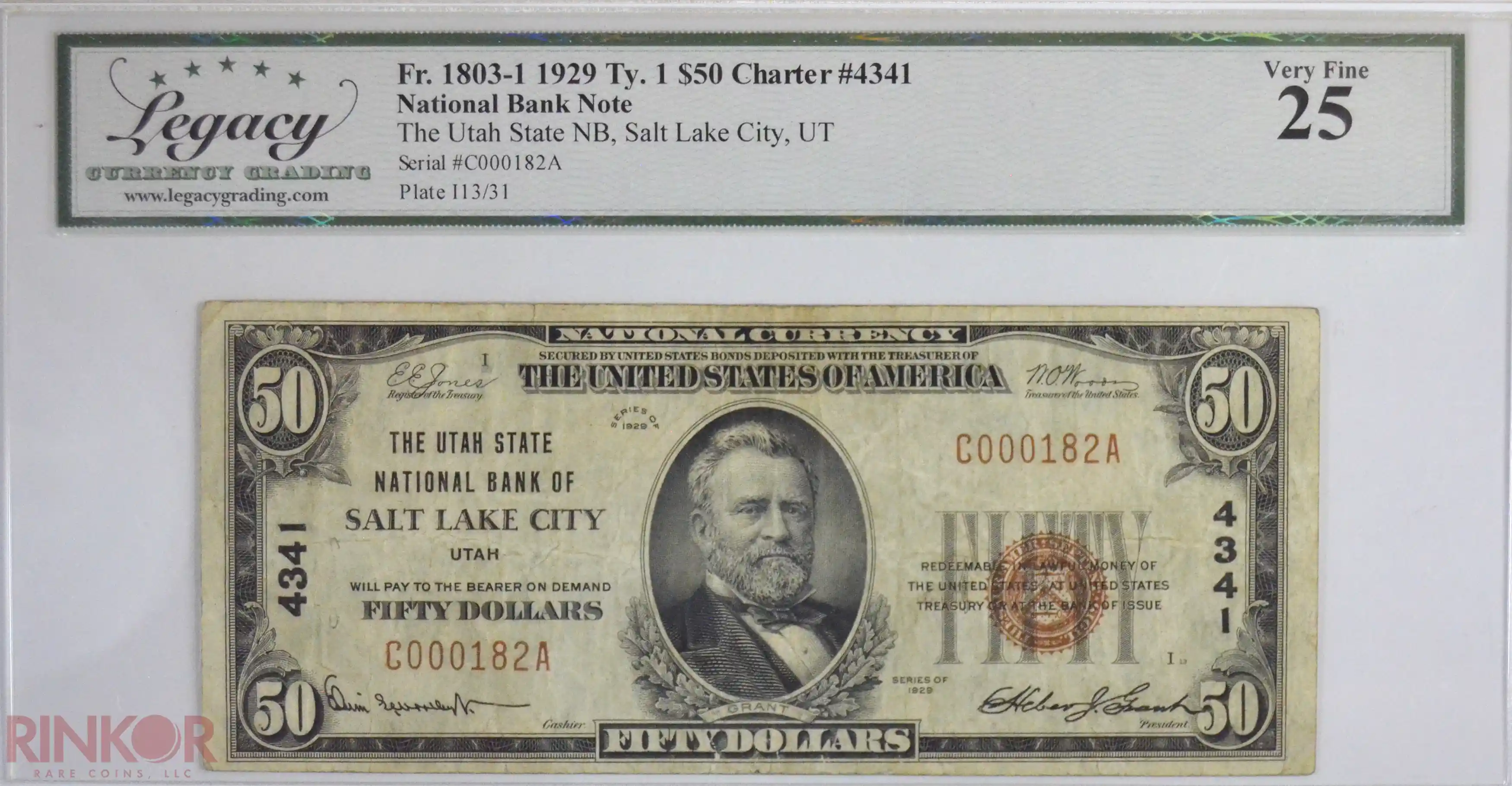 1929 Type 1 $50 Fr. 1803-1 Charter #4341 National Bank Note LCG VF-25