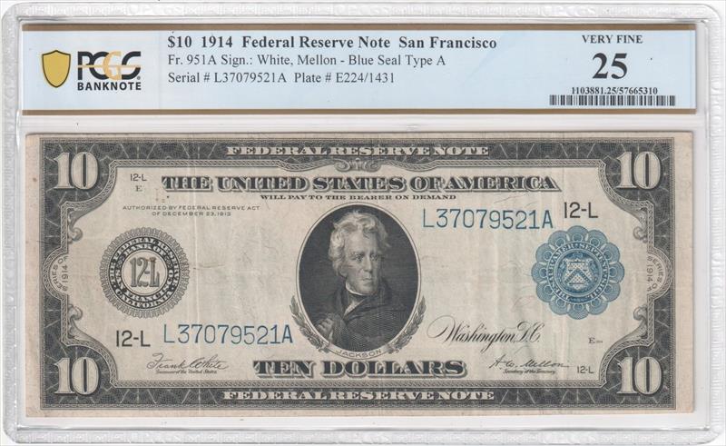 Fr. 951A 1914 $10 Federal Reserve note San Francisco PCGS VF25 