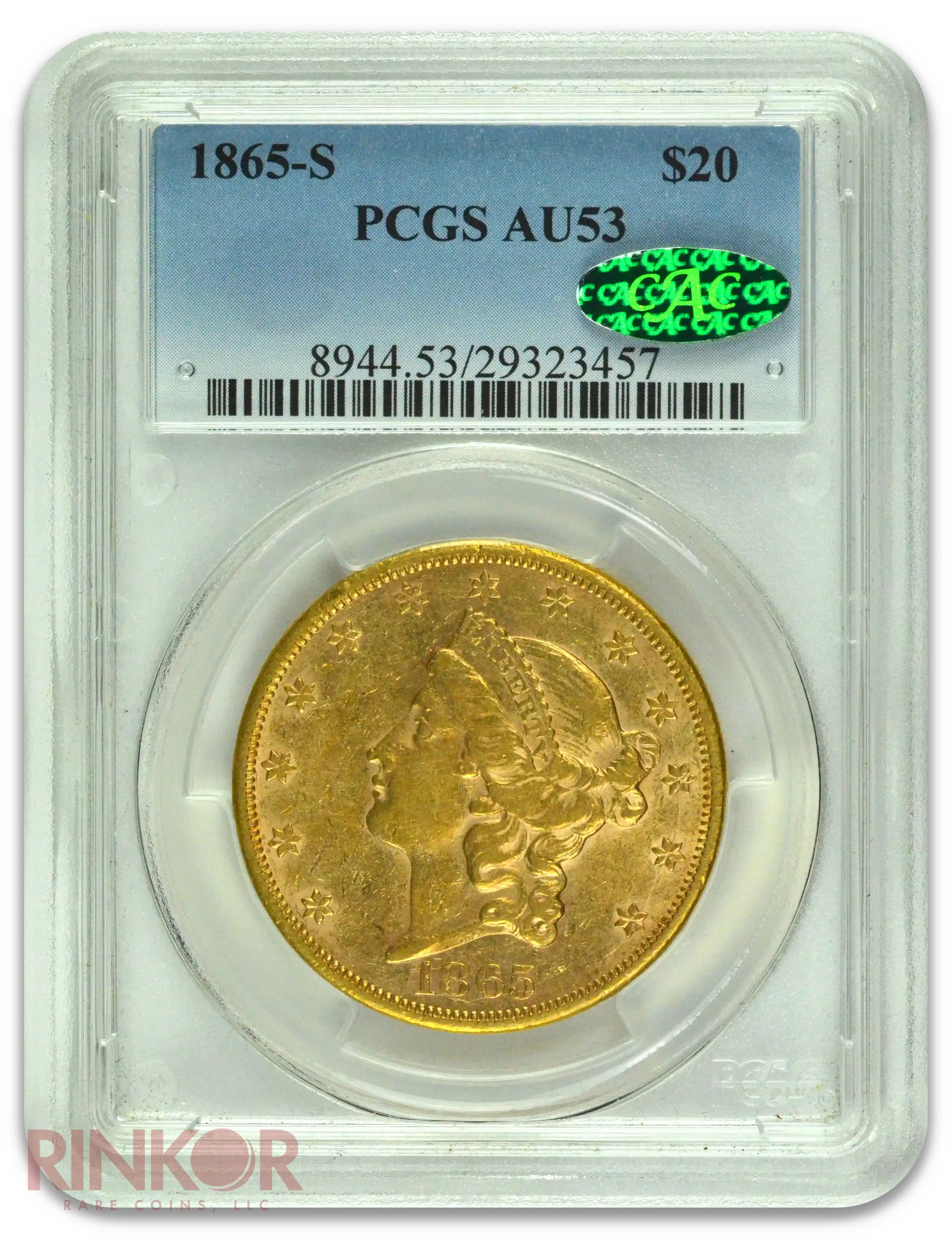 1865-S $20 Liberty Head PCGS AU-53 CAC
