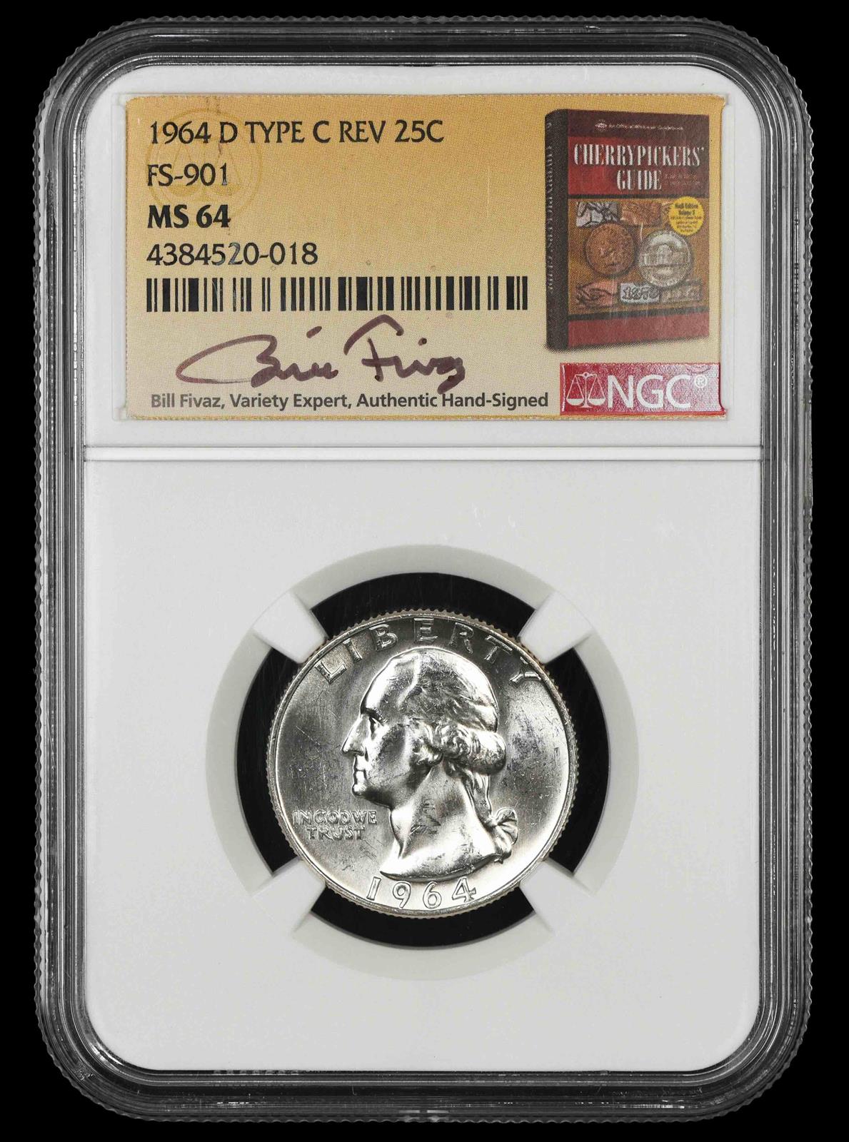 1964 D Washington Quarter NGC MS64 Type C Reverse FS-901 Bill Fivaz Signature Label MS64