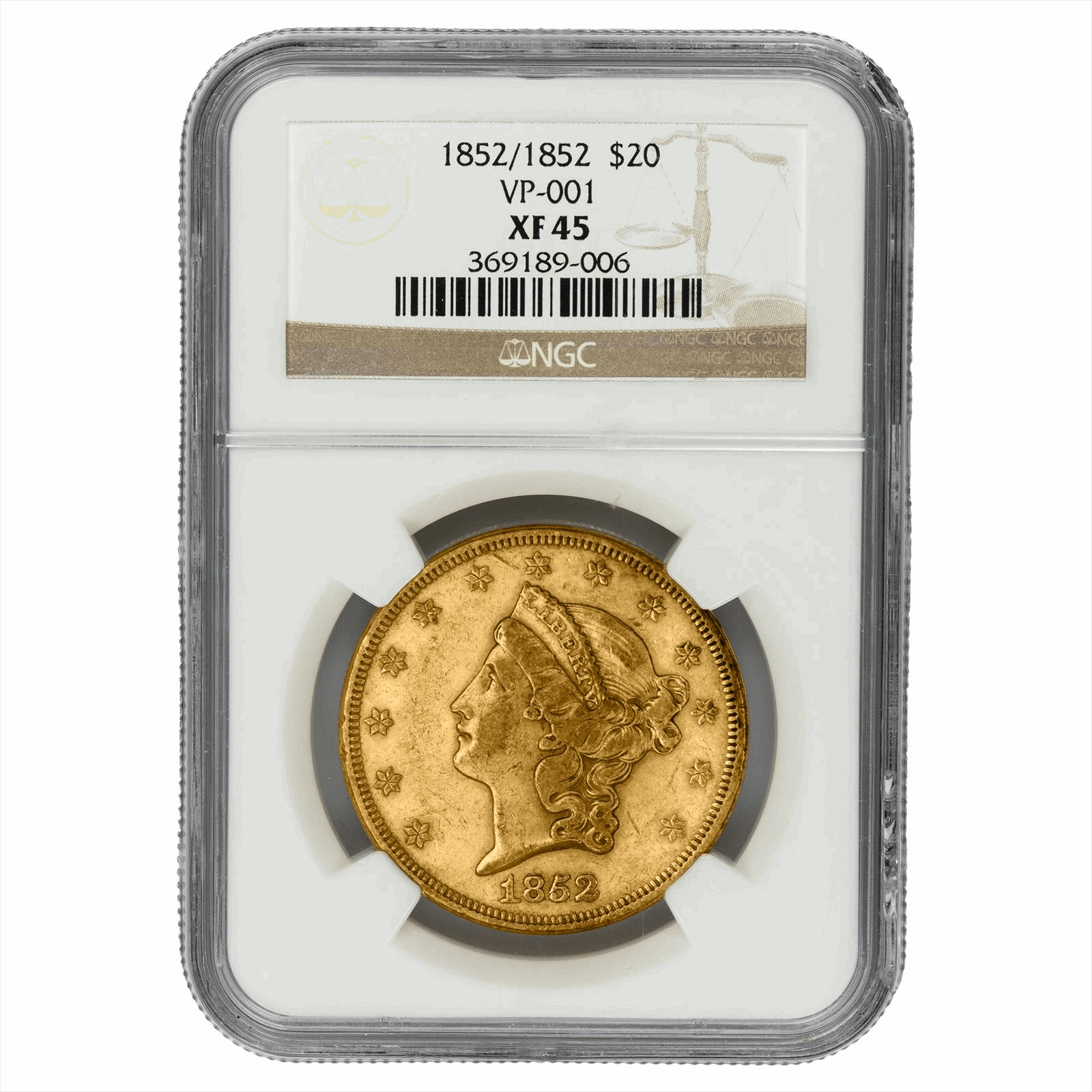 1852 Liberty Head Gold Double Eagle $20 VP001 PCGS XF 45 