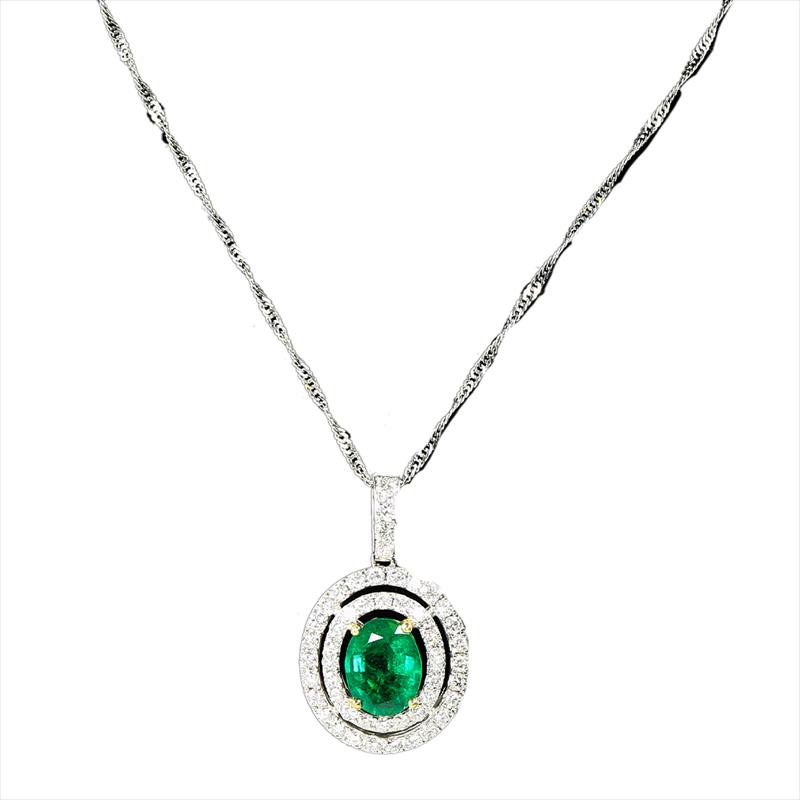 14k White Gold 1.50ct Emerald and Diamond Double Halo Pendant 