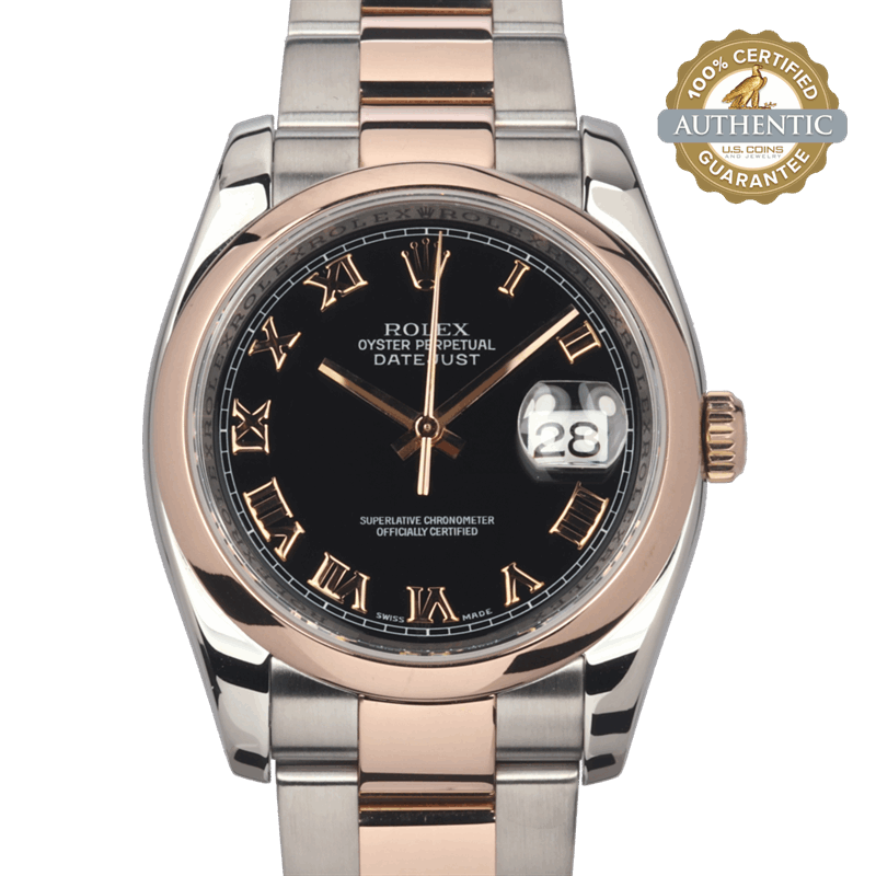 Rolex 36mm Datejust 11620 TT SS & 18K RG Black Roman Dial Watch and Papers 