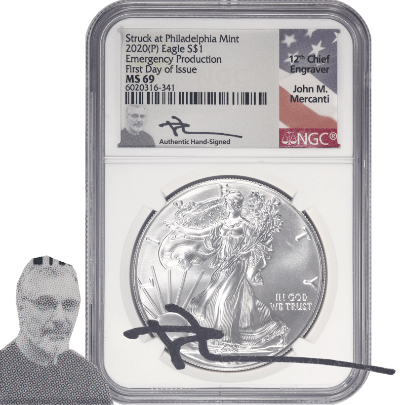 2020-P Silver Eagle Mercanti Emergency First Day NGC MS 69