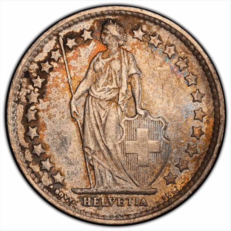 1881 B Switzerland 1/2 Franc PCGS AU55 Toned 