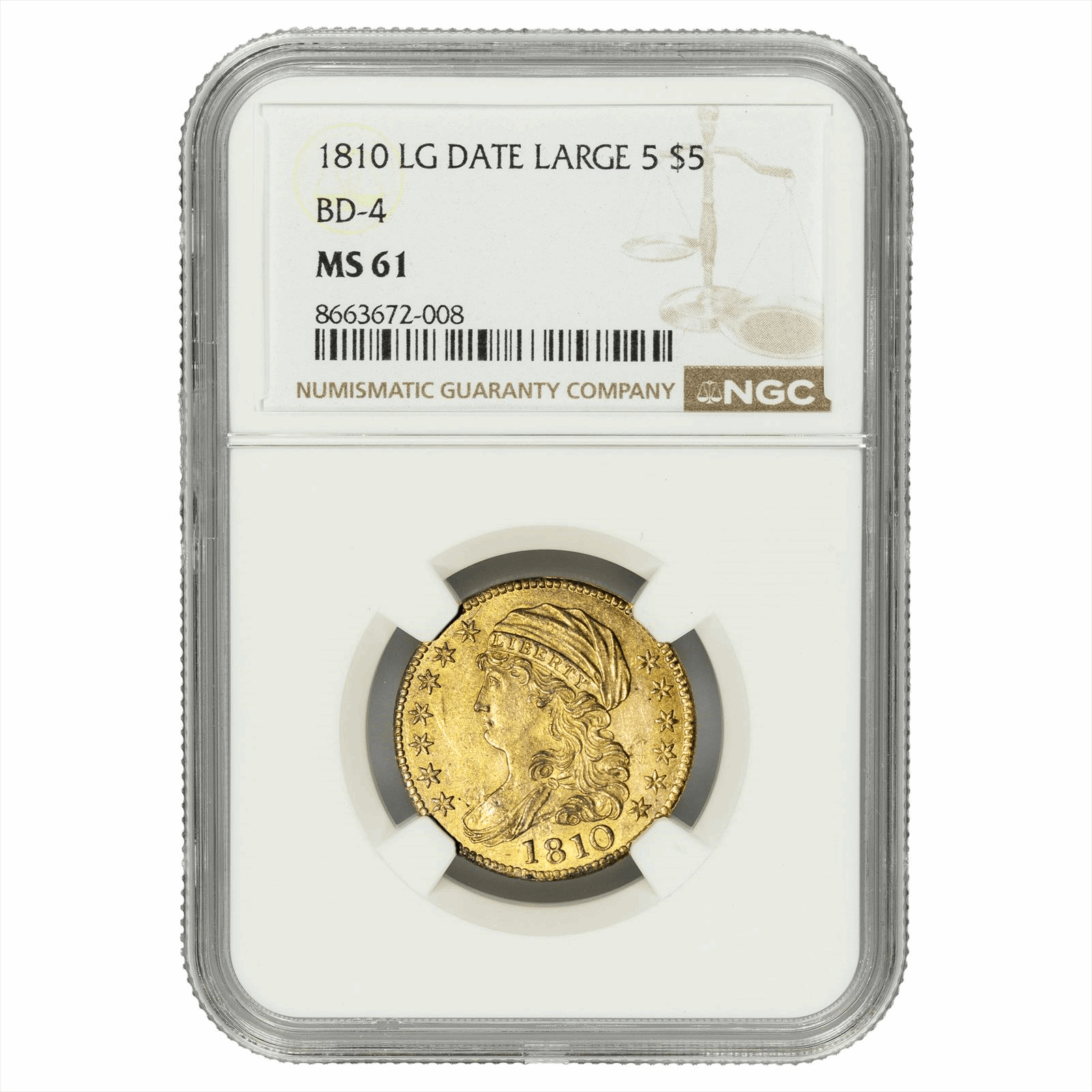 1810 Large Date Large 5 Draped Bust Gold Half Eagle $5 BD-4 NGC MS 61
