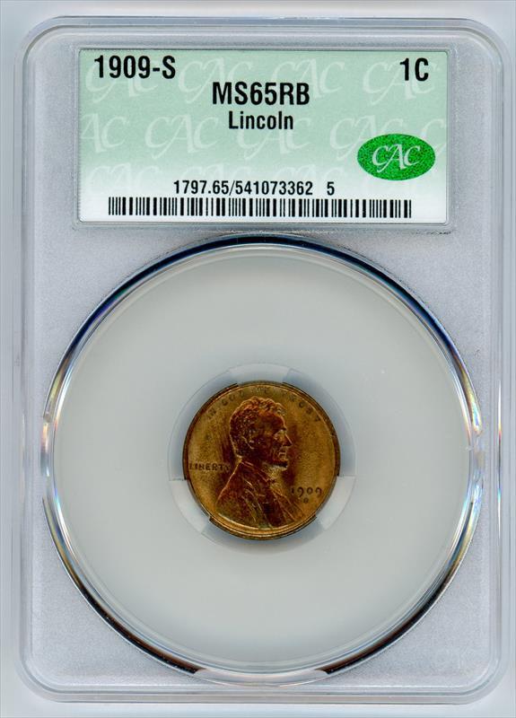 1909-S 1c Lincoln Wheat Cent - CACG MS65RB - Nice Lustrous Surfaces