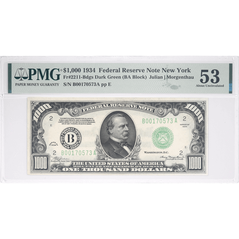 1934 $1000 Federal Reserve Note, Fr. 2211-B, New York, PMG 53 About Uncirculated  - Nice Note