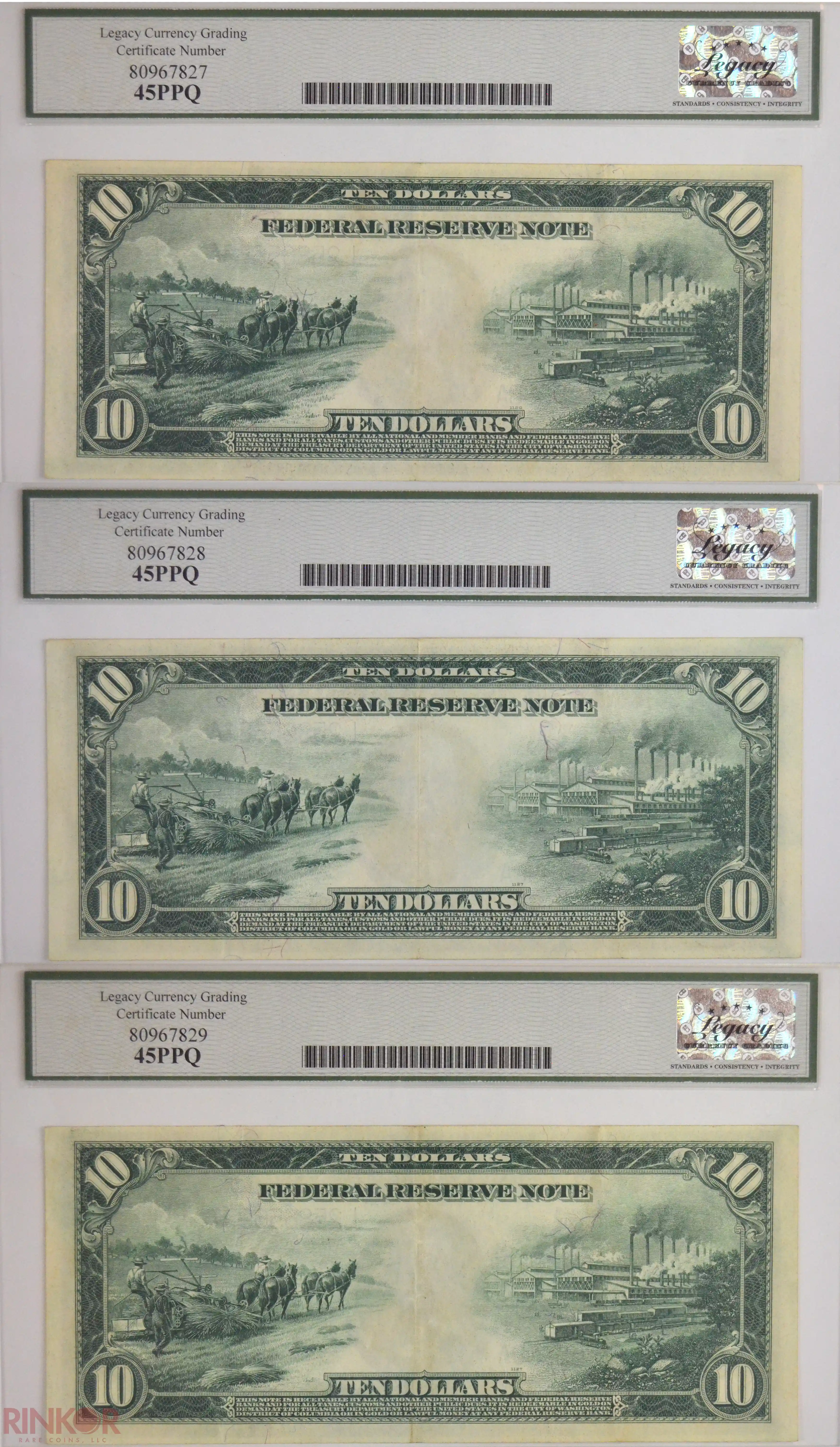 1914 $10 Fr. 951a San Francisco Federal Reserve Note 3 Sequential Notes LCG XF-45 PPQ