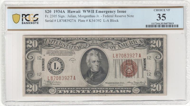 Fr. 2305 1934A $20 Hawaii WWII Emergency Issue PCGS VF35 