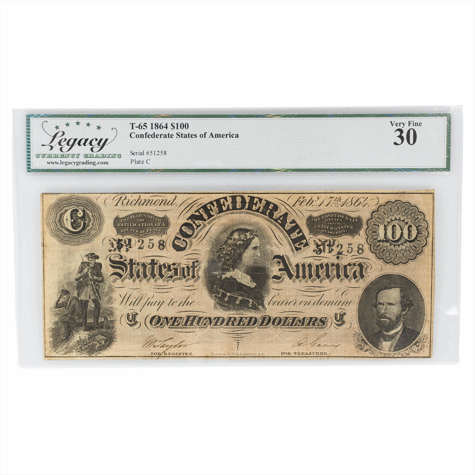 1864 T65 Confederate States of America $100 Legacy VF 30