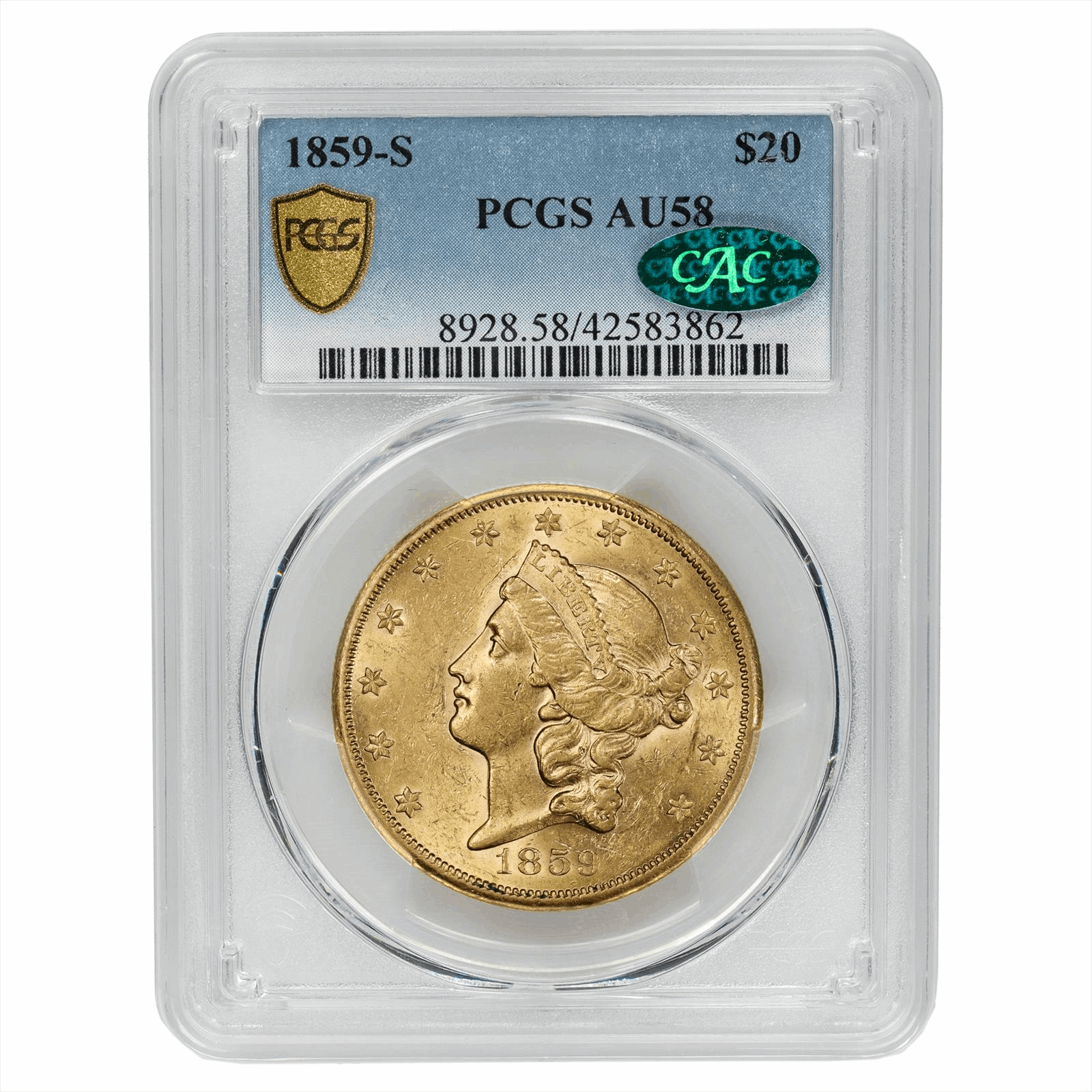 1859-S Liberty Head Gold Double Eagle $20 PCGS AU 58 