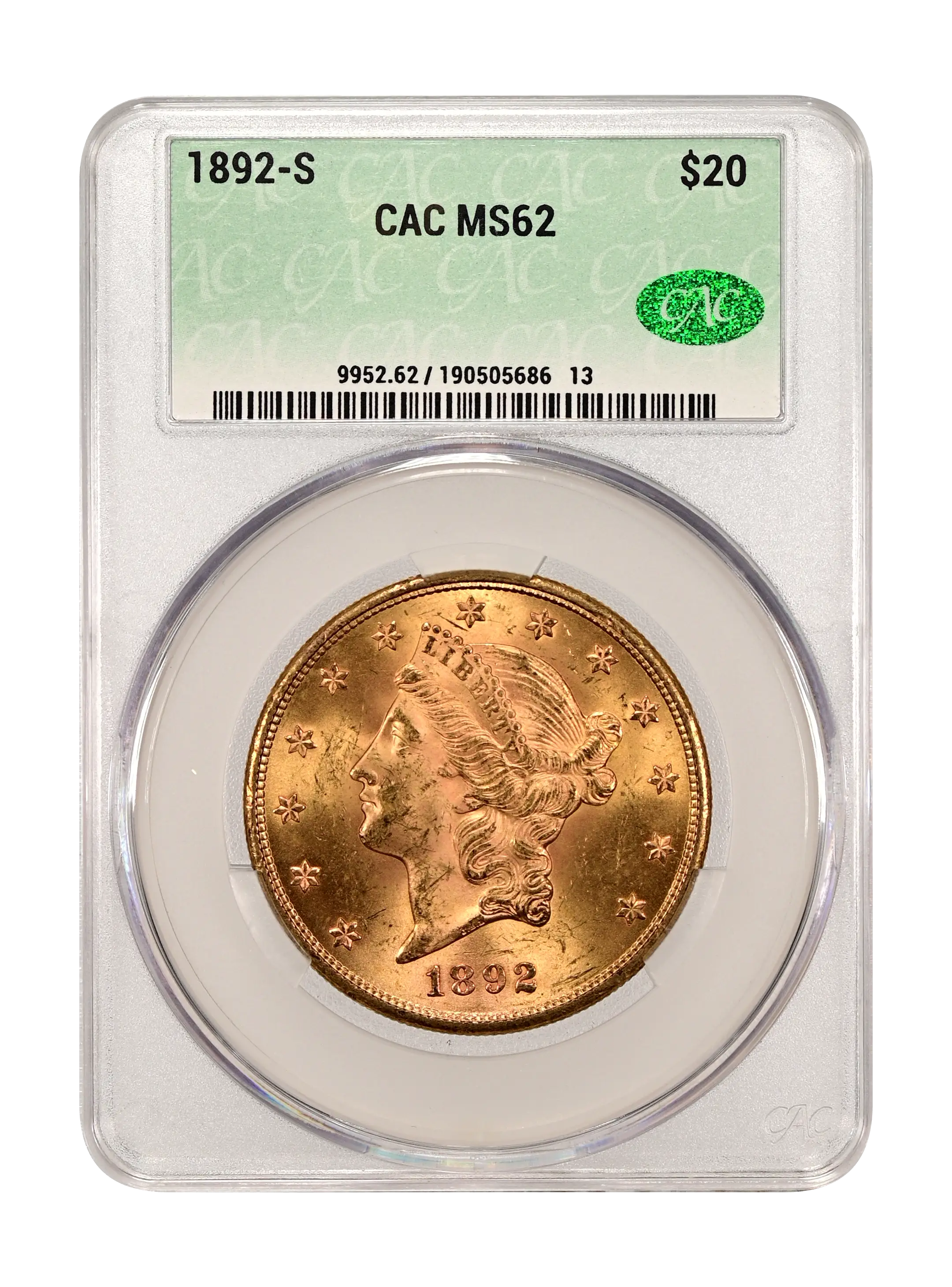 1892-S $20 CACG MS 62 