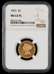 1893 $5 NGC  MS63PL