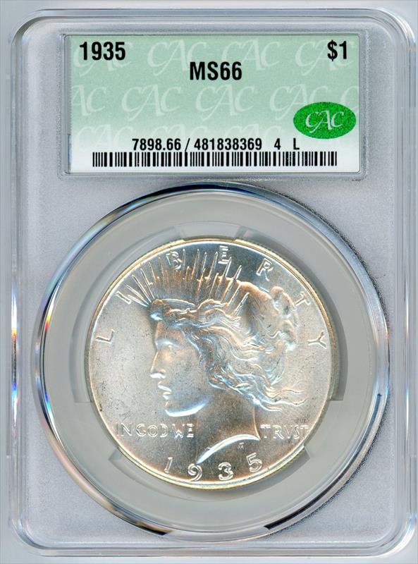 1935 Peace Silver Dollar $1, CACG MS-66 - Satiny Premium Gem 