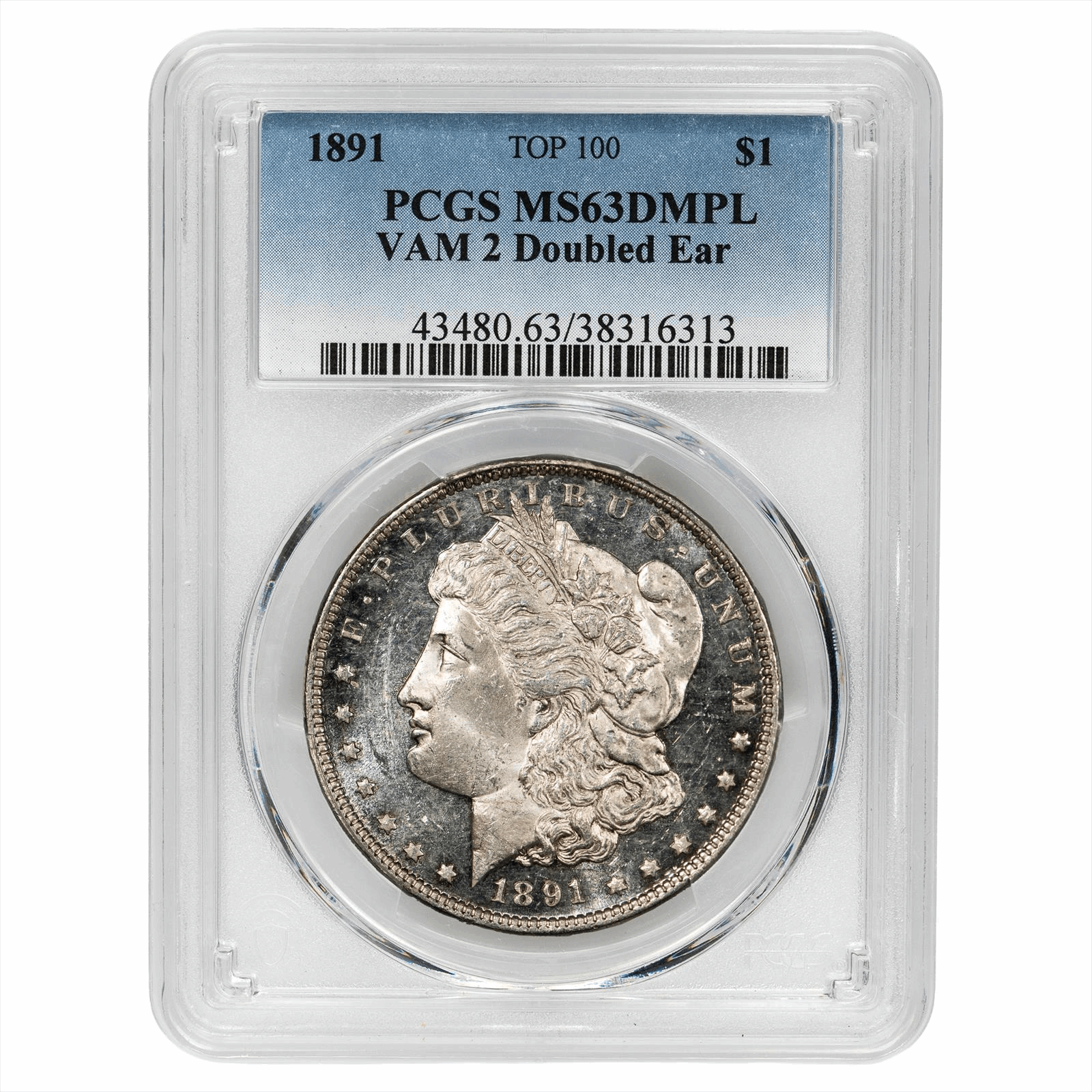 1891 $1 VAM 2 Doubled Ear Morgan Dollar $1 PCGS MS 63 DMPL