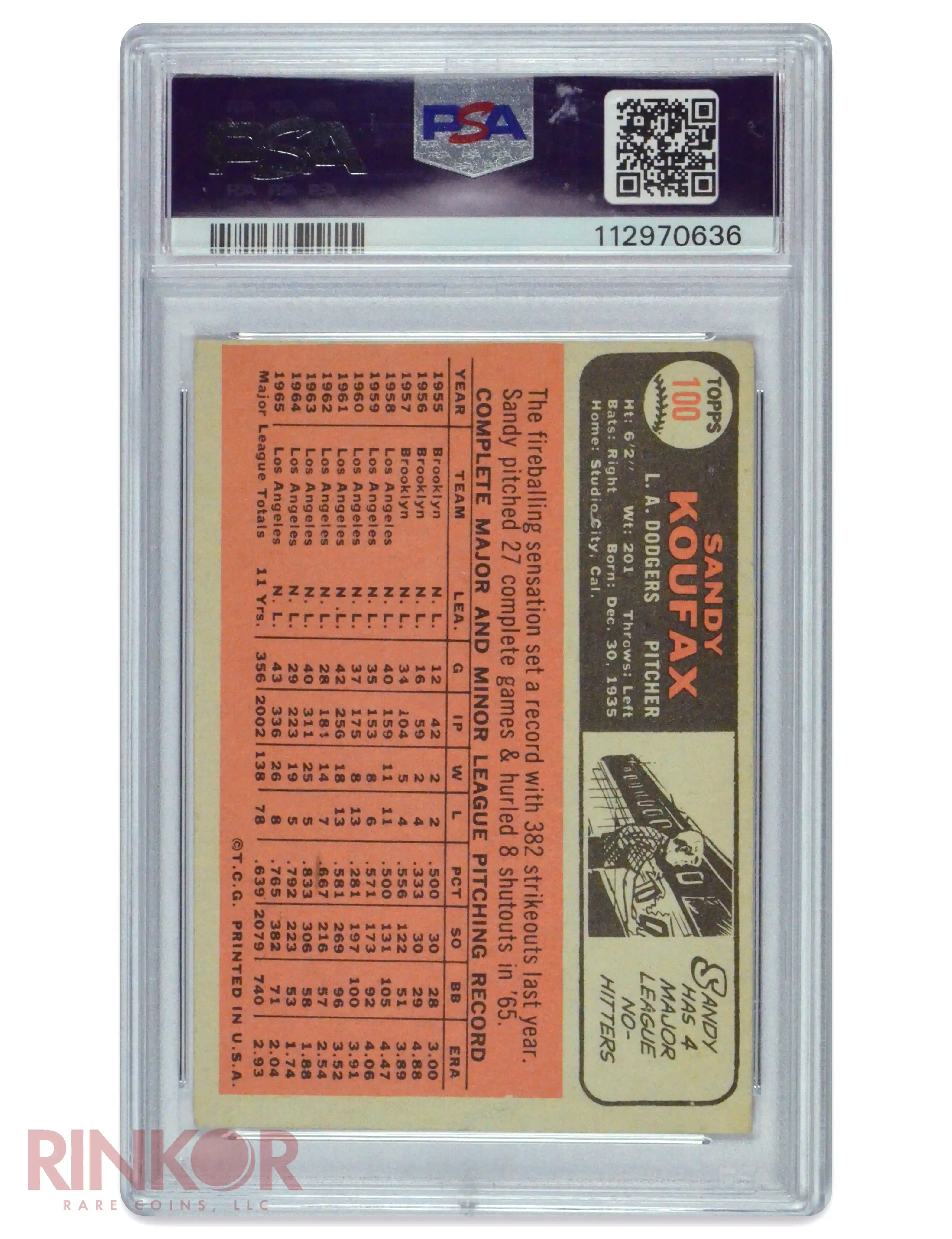 1966 Topps Sandy Koufax #100 Auto PSA VG 3 AUTO 8