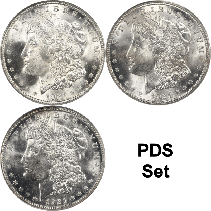 1921 Morgan Silver Dollar $1 PDS Set, PCGS MS-65 and MS-64 - Old Green Holder Set