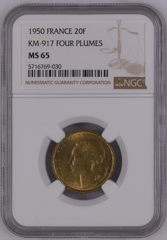 W France 1950 20 Francs NGC MS 65 Four Plumes, 5716769030 