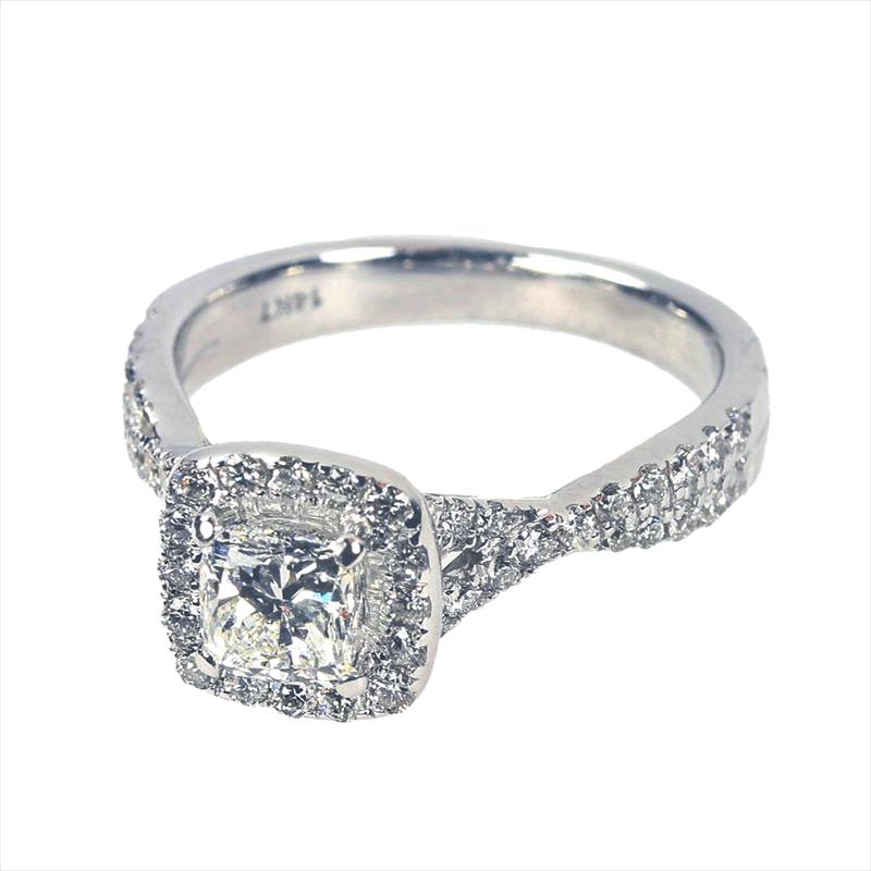 14k WG Cushion CS (.79ct) w/ Round Diamonds & Sapphires - Approx: 1.3cttw Avg: H Color SI+ Clarity 