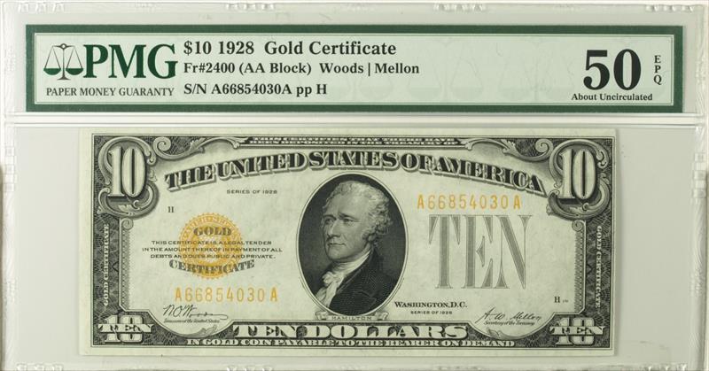 Fr. 2400 1928 $10 Gold Certificate PMG 50 EPQ 