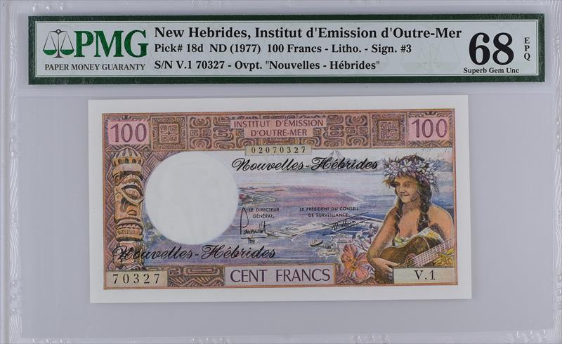 New Hebrides Pick# 18d ND (1977) 100 Francs PMG 68 EPQ 