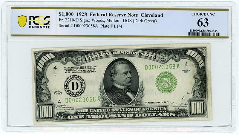 1928 $1000 Federal Reserve Note Cleveland - FR# 2210-D - PCGS Choice UNC 63