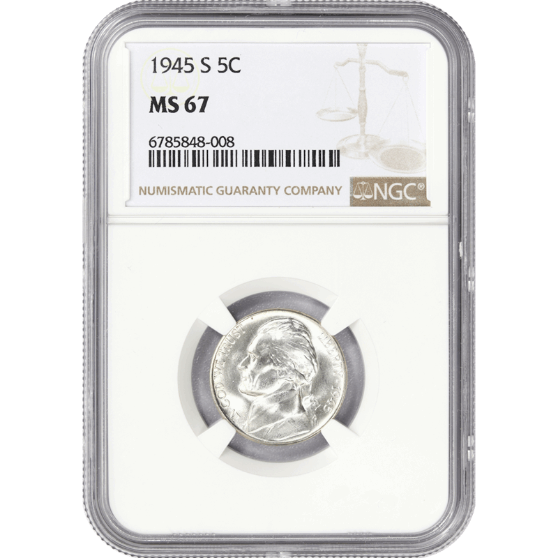 1945-S Jefferson War Nickel 5c, NGC MS 67 - Lustrous and White