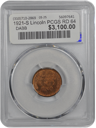 1921-S Lincoln PCGS RD 64