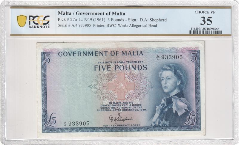 Pick # 27a L.1949 (1961) 5 Pounds Government of Malta PCGS Choice VF35 